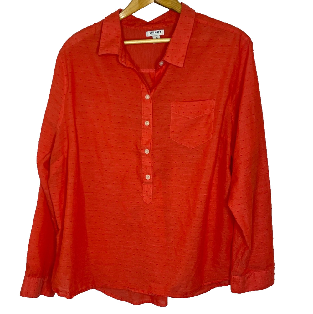 Women's XXL Old Navy Orange Swiss Dot Semi-Sheer Button Popover Blouse Cotton